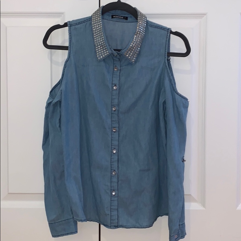 Long Sleeve Denim Cold Shoulder Top